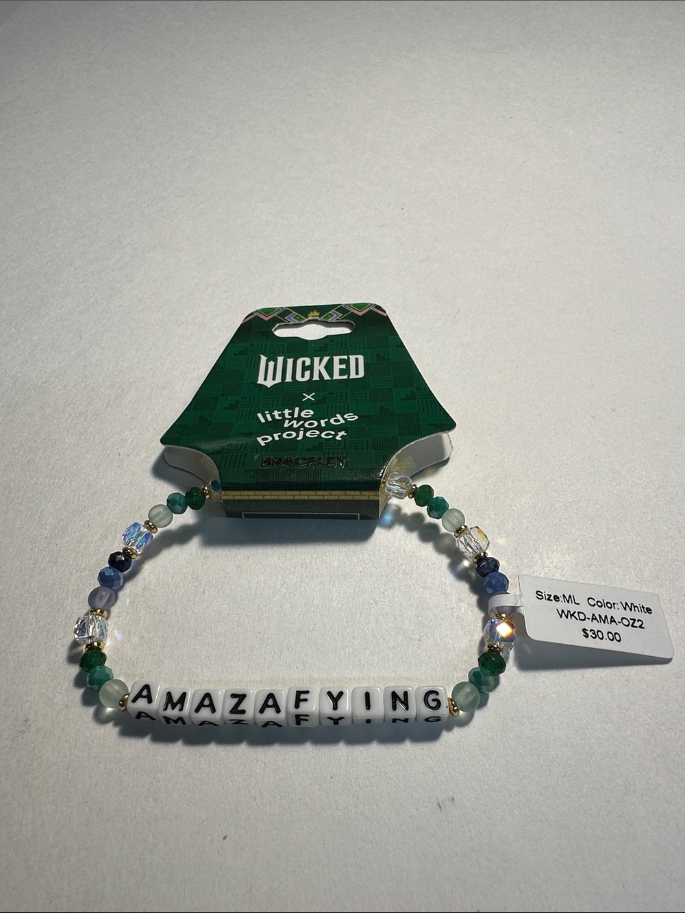 WICKED Little Words Project "AMAZAFYING" Beaded Bracelet - Green & White Size ML